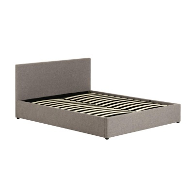 Cama cinzenta com cabeceira e ripas de madeira