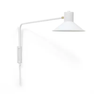 Candeeiro de parede branco com braço articulado e cúpula cónica
