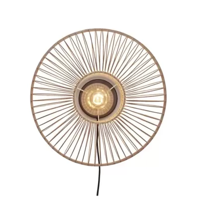 Candeeiro de parede circular dourado em arame com lâmpada exposta