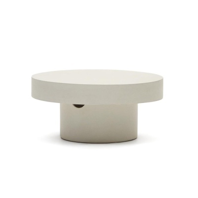 Mesa de centro redonda bege com base cilindrica