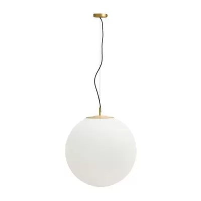 Lâmpada pendente esférica branca com suporte dourado e cabo preto