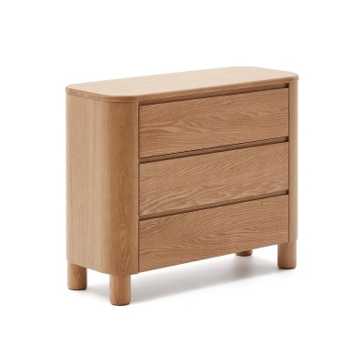 Cómoda de madeira clara com três gavetas e design arredondado