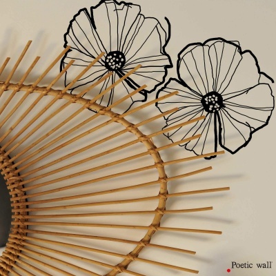 Decoração de parede com espelho em vime e desenhos florais pretos, texto Poetic wall