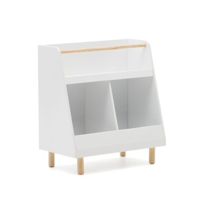 Estante branca com três compartimentos e pés de madeira clara