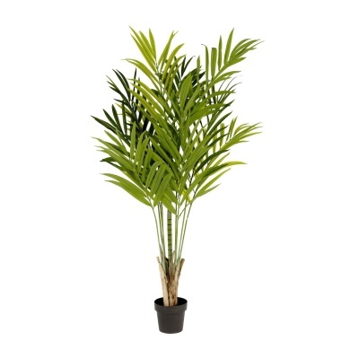Planta artificial em vaso preto com folhas verdes