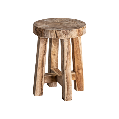 Banco de madeira natural redondo com quatro pés e travessas