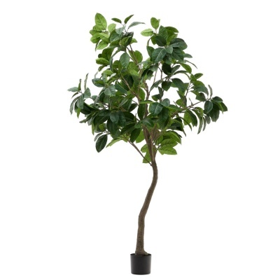 Planta artificial em vaso preto com folhas verdes