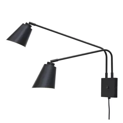 Candeeiro de parede preto de metal com braços articulados e cúpulas cónicas