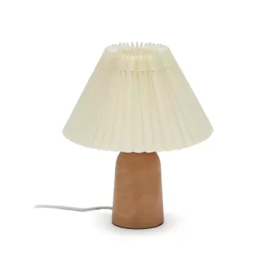 Candeeiro de mesa com base em madeira e cúpula branca plissada