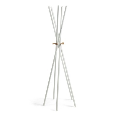 Cabide de pé branco com anel de madeira