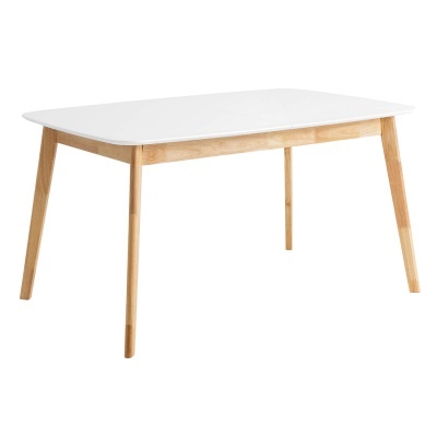 Mesa de jantar retangular branca com pernas de madeira clara