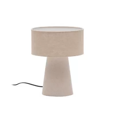 Lâmpada de mesa bege com base de cerâmica e cúpula de tecido.