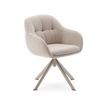 Cadeira estofada creme com base metálica cruzada cinza claro