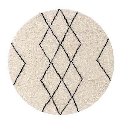 Tapete redondo bege com linhas pretas formando losangos