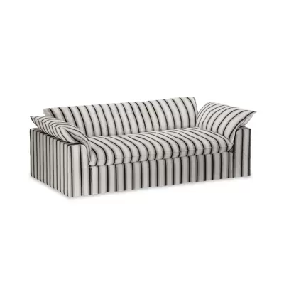 Sofá de três lugares com riscas verticais preto e branco
