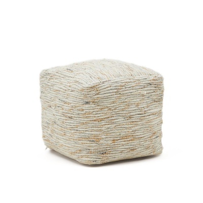 Pufe quadrado tecido trançado bege e branco