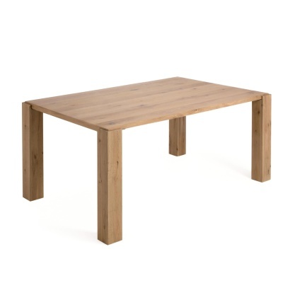 Mesa de jantar retangular em madeira clara com quatro pernas