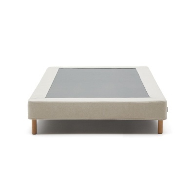 base de cama tecido bege e preto com pernas em madeira