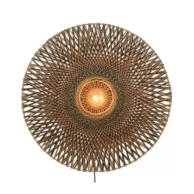 Candeeiro de parede rústico de vime trançado circular com lâmpada visível no centro