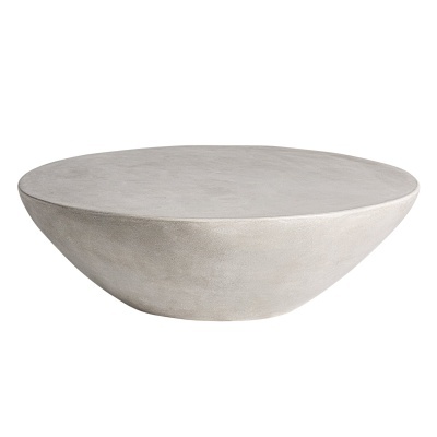 Mesa de centro redonda cinzenta, textura lisa, forma cónica invertida