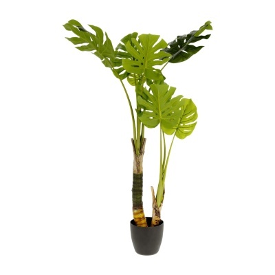 Planta artificial com folhas verdes em vaso preto