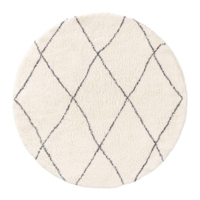 Tapete redondo branco com linhas cinzas entrelaçadas