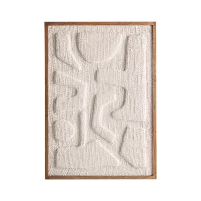 Quadro decorativo em relevo bege com moldura de madeira castanha