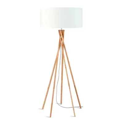 Candeeiro de pé com base em madeira clara e abat-jour branco