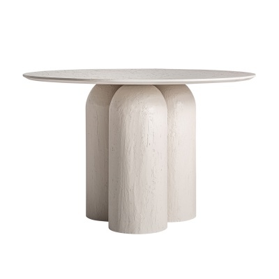 Mesa redonda branca com base de quatro colunas cilíndricas grossas