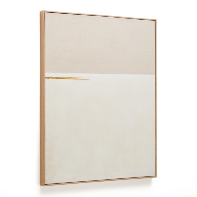 Quadro minimalista com moldura de madeira, cinza claro e branco com linha dourada