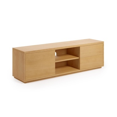 Móvel TV madeira clara com porta deslizante e gavetas.