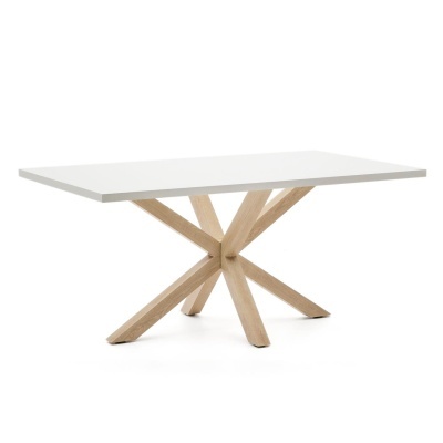 Mesa retangular com tampo branco e pés de madeira clara