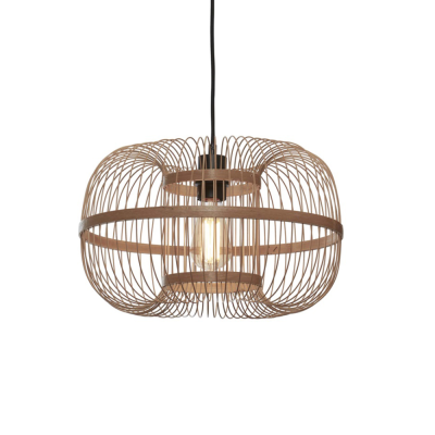 Candeeiro pendente metálico dourado com detalhes de madeira