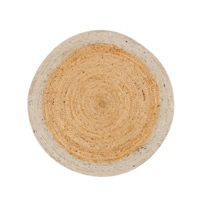 Tapete redondo trançado em fibras naturais bege e cinza claro