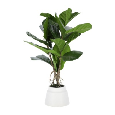 Planta artificial com folhas verdes em vaso branco sobre fundo branco