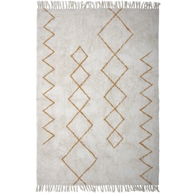 Tapete creme com padrão geométrico castanho e franjas