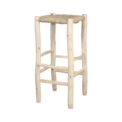 Banco alto rústico com assento de palha