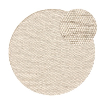 Tapete redondo bege com textura tecida e padrão em relevo circular