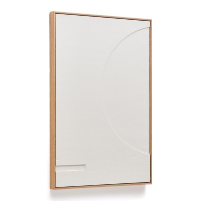 Quadro decorativo branco com moldura em madeira clara e relevos circulares e rectangulares
