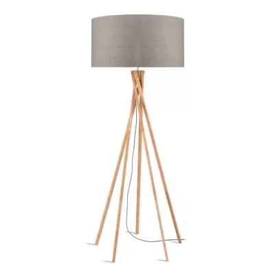 Candeeiro de pé em madeira com abajur cinza