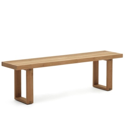 Banco de madeira com ripas paralelas e pernas em forma de U