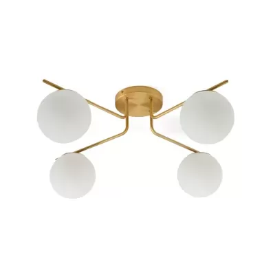 Candeeiro de teto dourado com quatro globos brancos