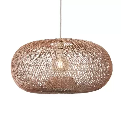 Candeeiro de teto oval entrelaçado em material natural castanho claro com lâmpada visível