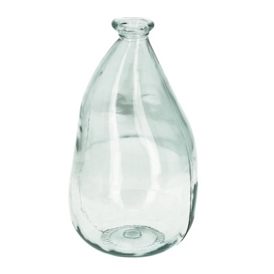 Frasco de vidro transparente com formato oval e boca estreita