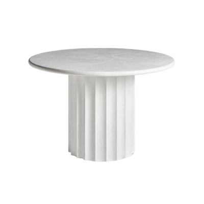 Mesa redonda branca com base em colunas verticais em fundo preto