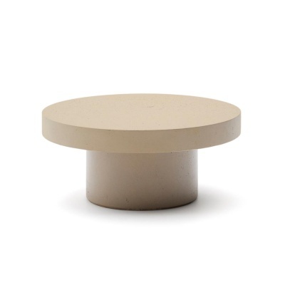 Mesa de centro redonda bege com base cilíndrica em fundo branco