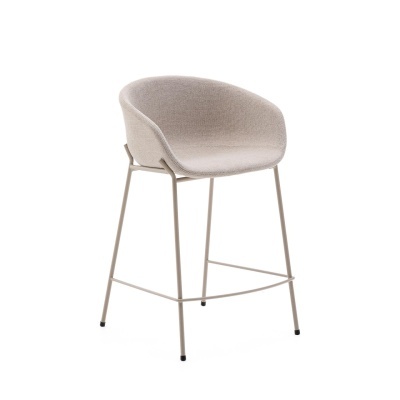 Banco alto cinza claro com estrutura metálica bege