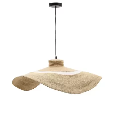 Candeeiro de teto suspenso com cúpula em ráfia natural ondulada com detalhe branco