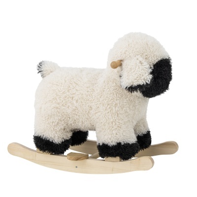 Cavalo de baloiço em forma de ovelha com peluche branco e preto e base de madeira clara
