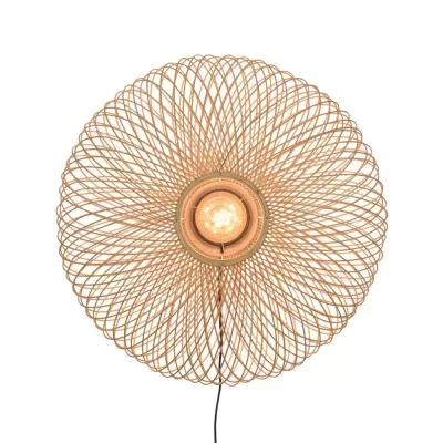 Abajur circular em arame dourado com lâmpada exposta ao centro